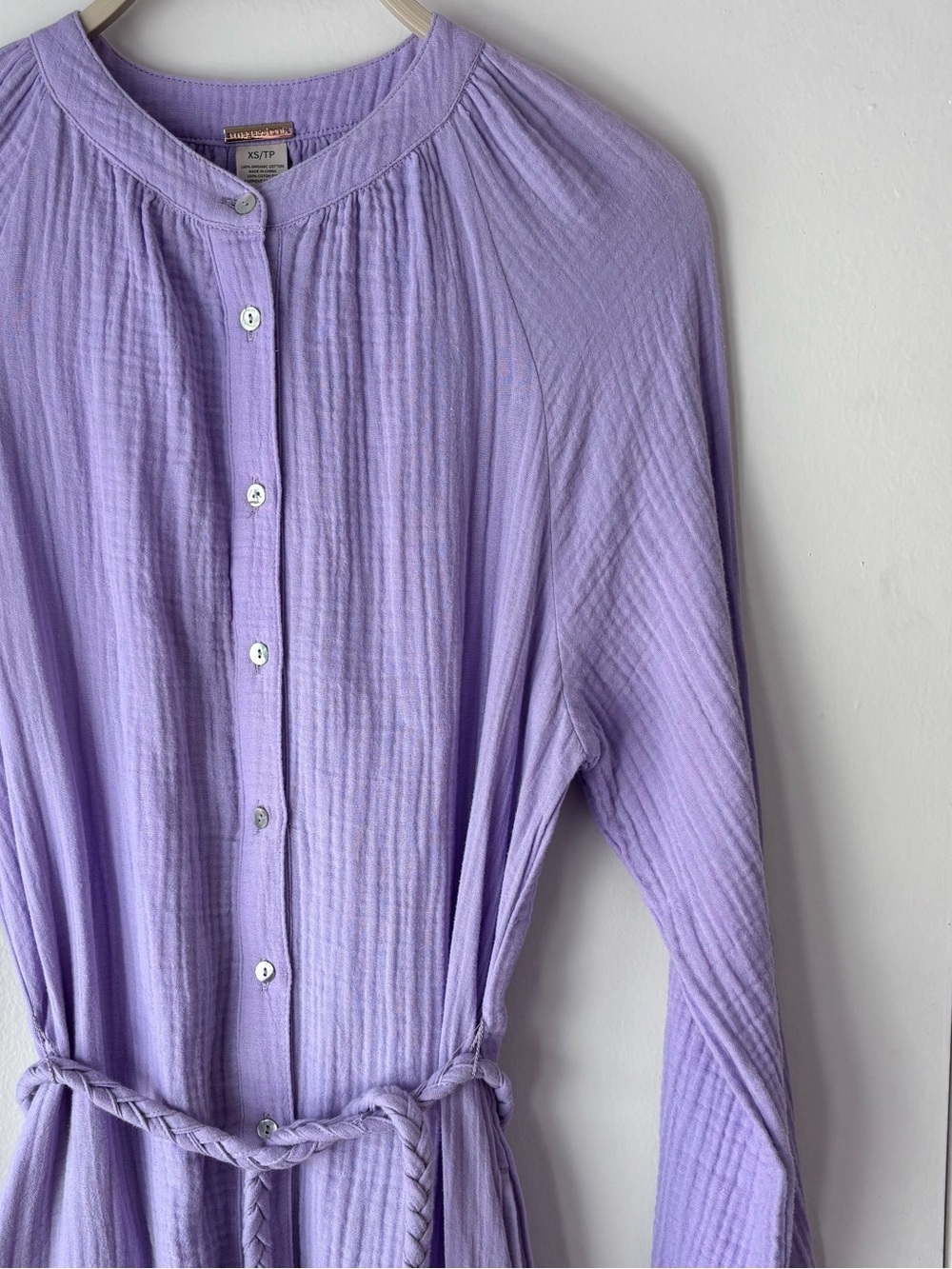 Magaschoni Soft Pastel Lavender Organic Cotton Gauze Shirt Dress XS Belted Midi - Picture 3 of 9